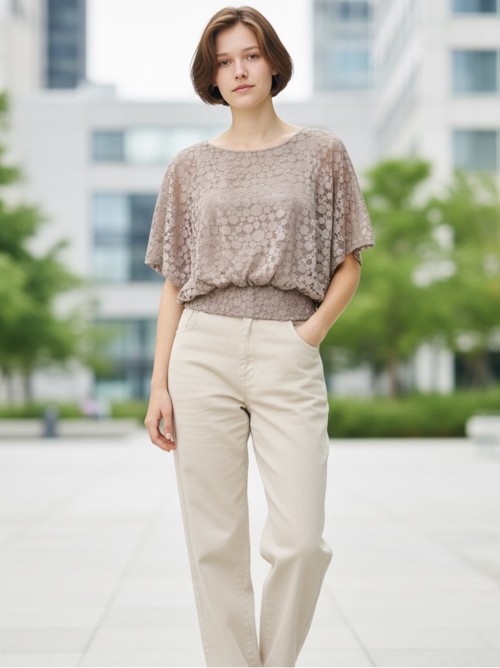 Valerie Stevens Taupe Patterned Crochet Blouse (TSE-I)